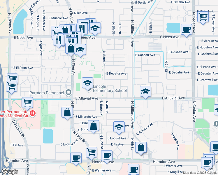 map of restaurants, bars, coffee shops, grocery stores, and more near 7469 North 5th Street in Fresno