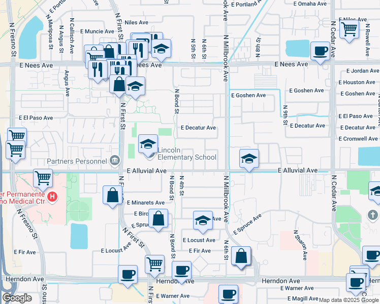 map of restaurants, bars, coffee shops, grocery stores, and more near 7469 North 5th Street in Fresno