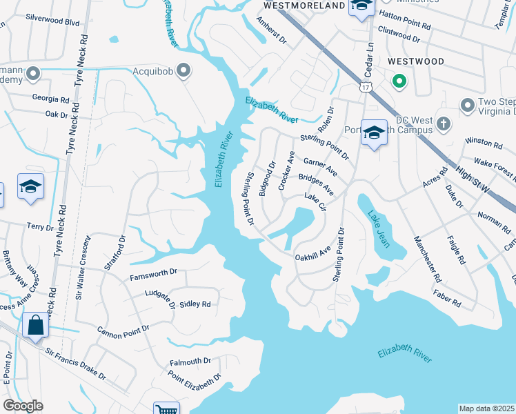 map of restaurants, bars, coffee shops, grocery stores, and more near 2424 Bidgood Drive in Portsmouth