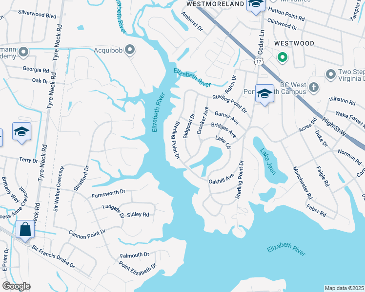 map of restaurants, bars, coffee shops, grocery stores, and more near 2424 Bidgood Drive in Portsmouth