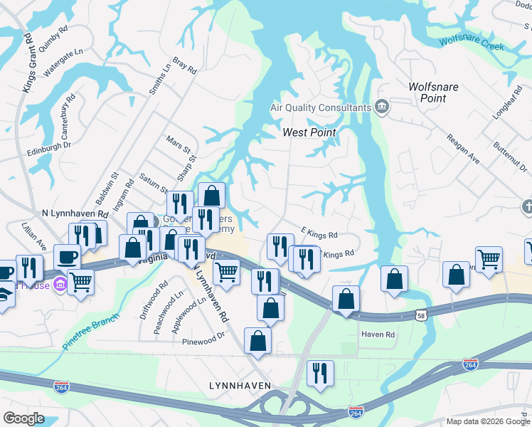 map of restaurants, bars, coffee shops, grocery stores, and more near 2805 North Kings Road in Virginia Beach