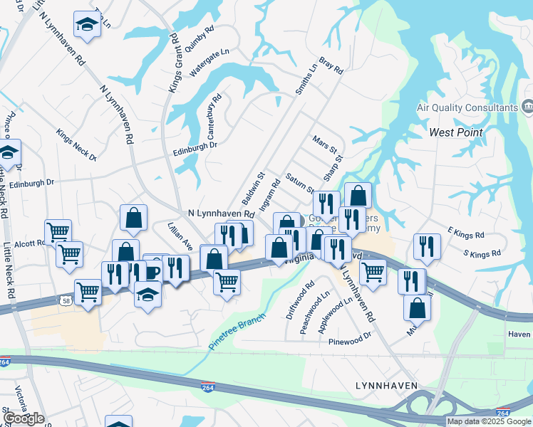 map of restaurants, bars, coffee shops, grocery stores, and more near 408 Ingram Road in Virginia Beach