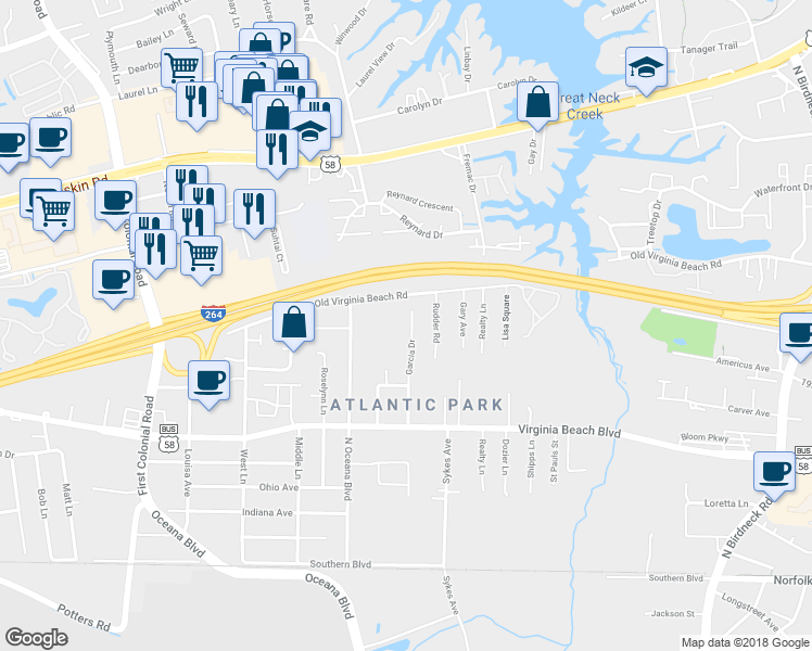map of restaurants, bars, coffee shops, grocery stores, and more near 445 Garcia Drive in Virginia Beach