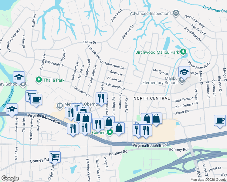 map of restaurants, bars, coffee shops, grocery stores, and more near 476 Cronin Road in Virginia Beach