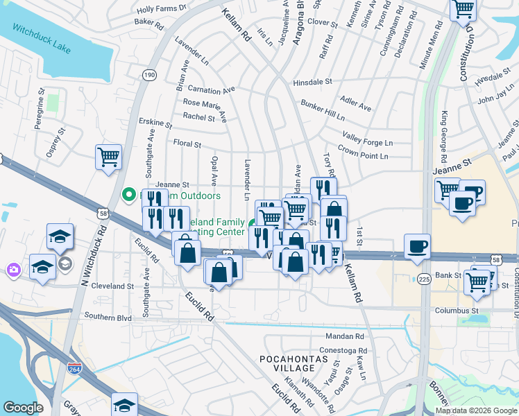 map of restaurants, bars, coffee shops, grocery stores, and more near 328 Lavender Lane in Virginia Beach