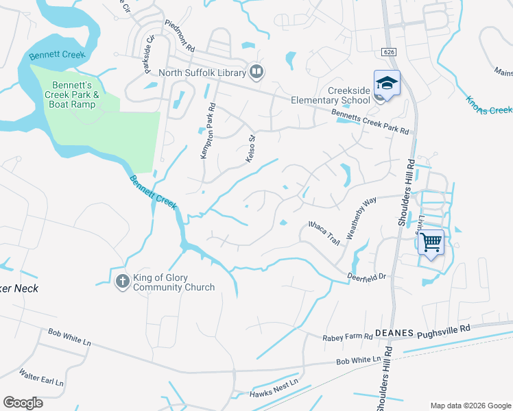 map of restaurants, bars, coffee shops, grocery stores, and more near 3608 Cavaletti Chase in Suffolk