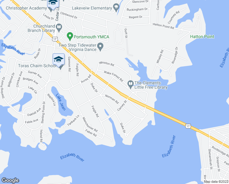 map of restaurants, bars, coffee shops, grocery stores, and more near 4511 High Street West in Portsmouth