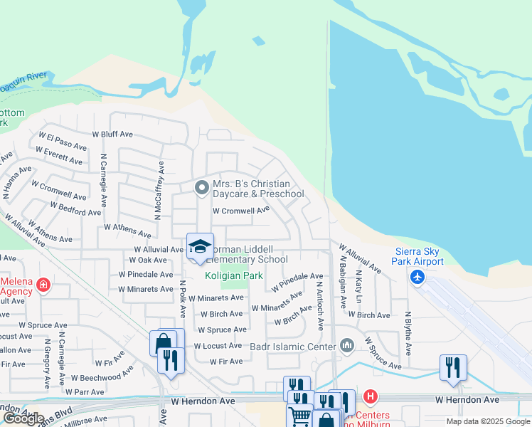 map of restaurants, bars, coffee shops, grocery stores, and more near 5077 West Cromwell Avenue in Fresno