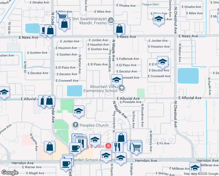 map of restaurants, bars, coffee shops, grocery stores, and more near 7574 North Trellis Circle in Fresno