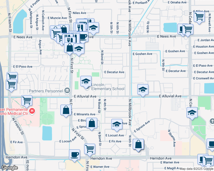 map of restaurants, bars, coffee shops, grocery stores, and more near 7469 North 5th Street in Fresno