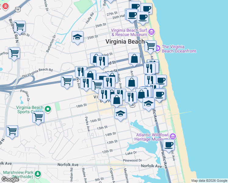 map of restaurants, bars, coffee shops, grocery stores, and more near 516 19th Street in Virginia Beach