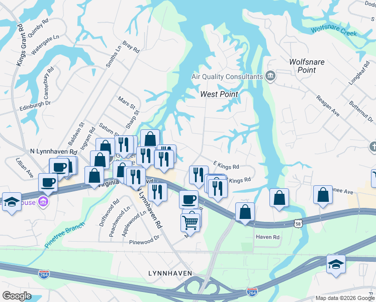 map of restaurants, bars, coffee shops, grocery stores, and more near 2805 North Kings Road in Virginia Beach