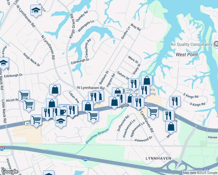 map of restaurants, bars, coffee shops, grocery stores, and more near 408 Ingram Road in Virginia Beach