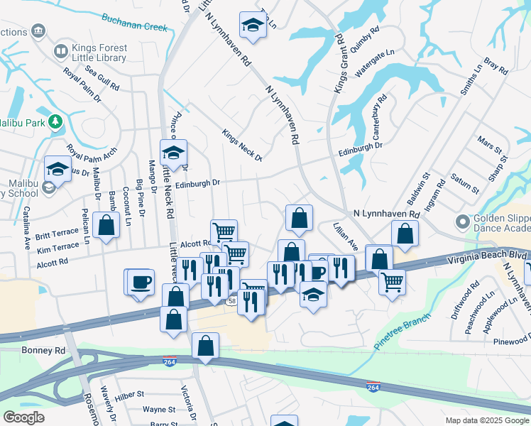 map of restaurants, bars, coffee shops, grocery stores, and more near 412 Philbate Terrace in Virginia Beach
