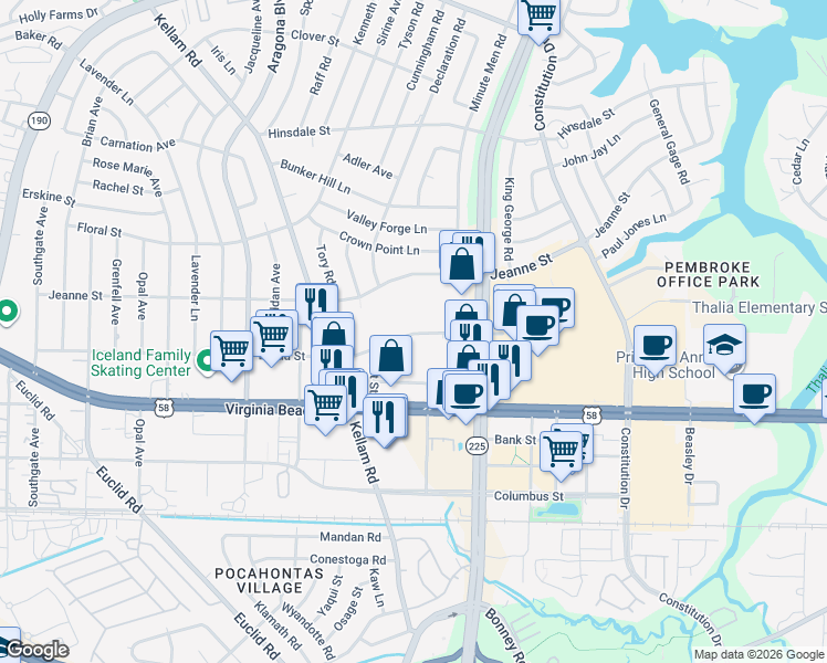 map of restaurants, bars, coffee shops, grocery stores, and more near 4704 Broad Street in Virginia Beach