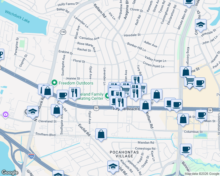 map of restaurants, bars, coffee shops, grocery stores, and more near 328 Lavender Lane in Virginia Beach