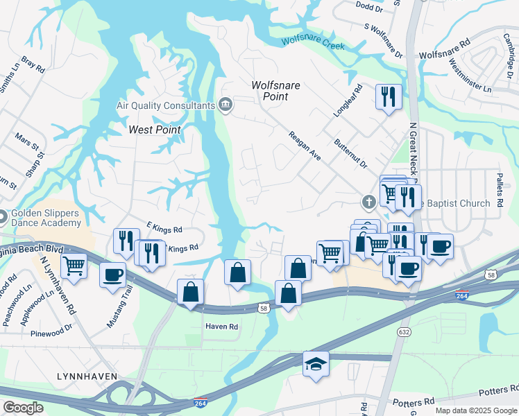map of restaurants, bars, coffee shops, grocery stores, and more near 337 River Forest Road in Virginia Beach