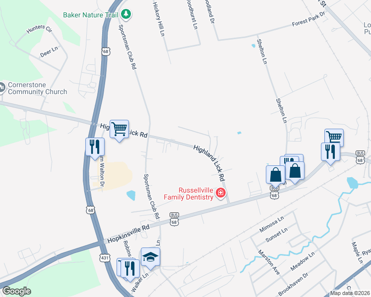 map of restaurants, bars, coffee shops, grocery stores, and more near 309 Highlandlick Road in Russellville
