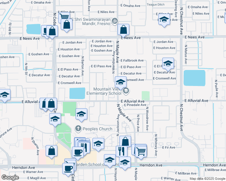 map of restaurants, bars, coffee shops, grocery stores, and more near 7574 North Trellis Circle in Fresno