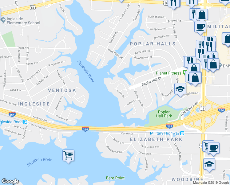 map of restaurants, bars, coffee shops, grocery stores, and more near 589 Stuart Circle in Norfolk