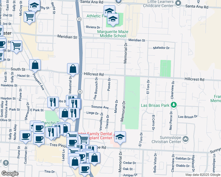 map of restaurants, bars, coffee shops, grocery stores, and more near 881 Paseo Drive in Hollister