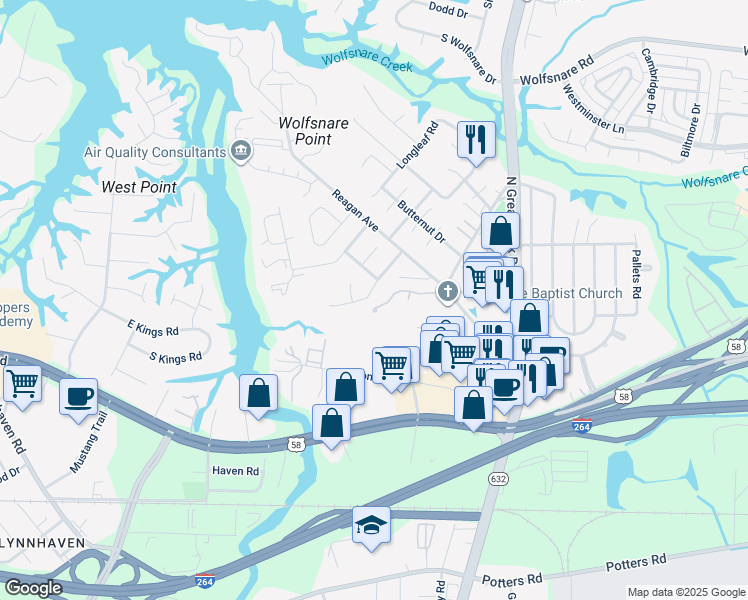map of restaurants, bars, coffee shops, grocery stores, and more near 446 Lake Havasu Drive in Virginia Beach