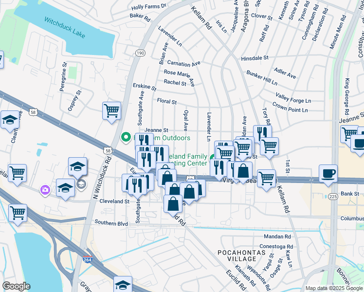 map of restaurants, bars, coffee shops, grocery stores, and more near 329 Opal Avenue in Virginia Beach