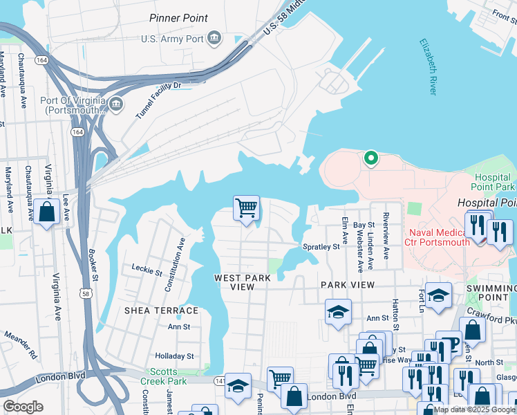 map of restaurants, bars, coffee shops, grocery stores, and more near 1610 Mathews Terrace in Portsmouth