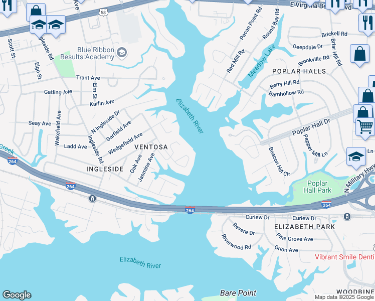 map of restaurants, bars, coffee shops, grocery stores, and more near 3828 Easton Avenue in Norfolk