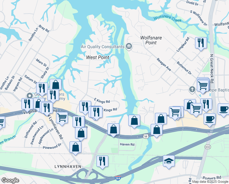 map of restaurants, bars, coffee shops, grocery stores, and more near 413 Wolfs Neck Trail in Virginia Beach