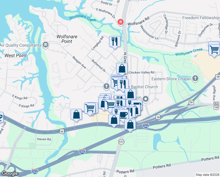 map of restaurants, bars, coffee shops, grocery stores, and more near 2300 Dorian Court in Virginia Beach