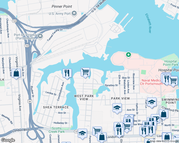 map of restaurants, bars, coffee shops, grocery stores, and more near 1610 Mathews Terrace in Portsmouth