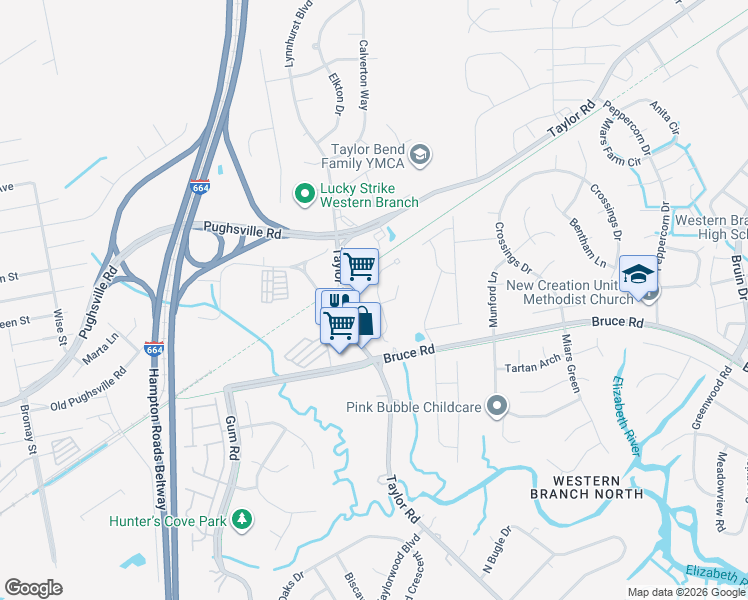 map of restaurants, bars, coffee shops, grocery stores, and more near 3400 Cricket Hollow Lane in Chesapeake