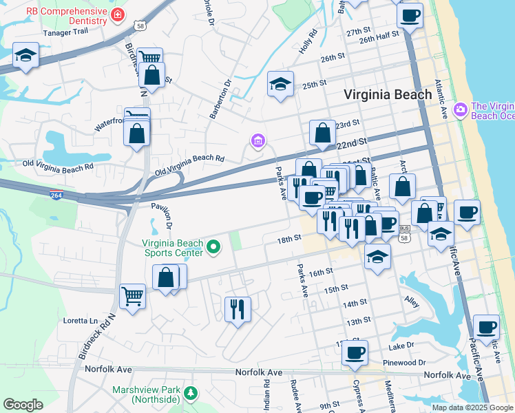 map of restaurants, bars, coffee shops, grocery stores, and more near 1000 19th Street in Virginia Beach