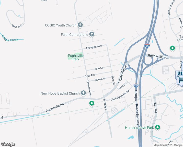 map of restaurants, bars, coffee shops, grocery stores, and more near 4404 Cole Avenue in Suffolk