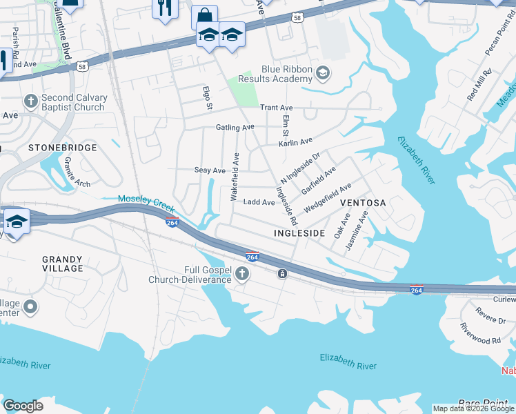 map of restaurants, bars, coffee shops, grocery stores, and more near 3581 Ladd Avenue in Norfolk
