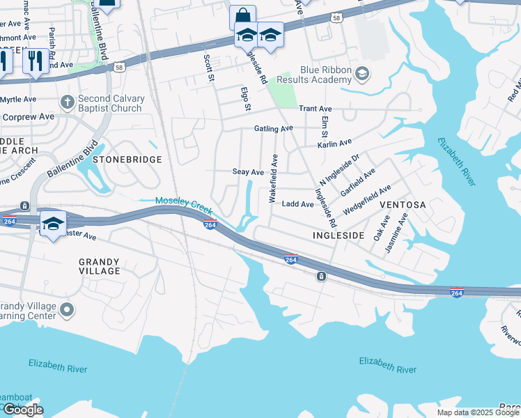 map of restaurants, bars, coffee shops, grocery stores, and more near 808 Pine Harbor Dr in Norfolk