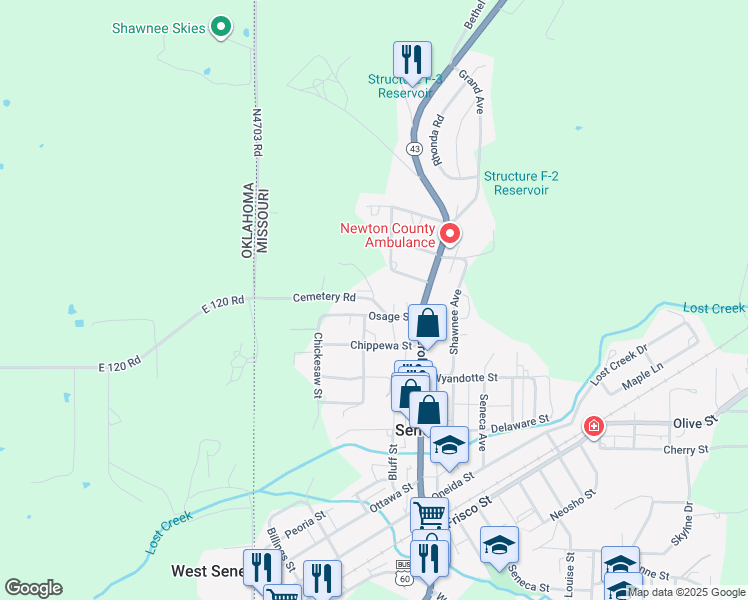 map of restaurants, bars, coffee shops, grocery stores, and more near 701 Cemetery Road in Seneca
