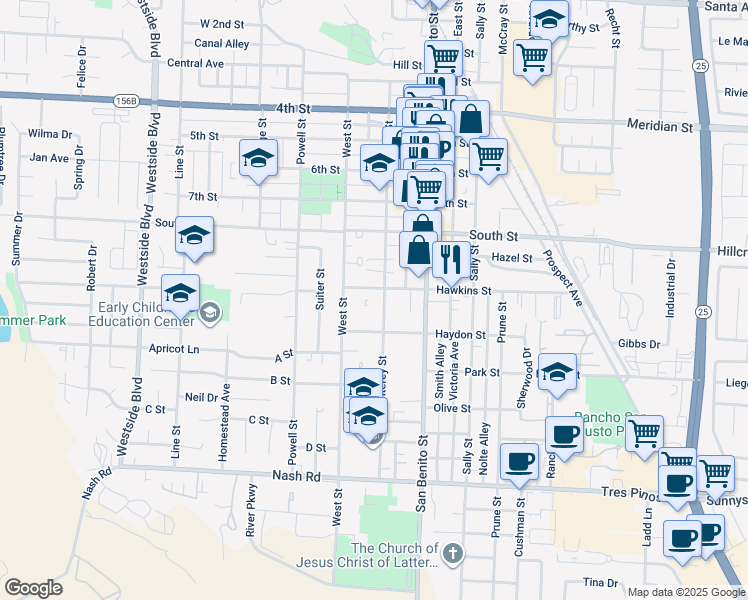 map of restaurants, bars, coffee shops, grocery stores, and more near 910 Monterey Street in Hollister
