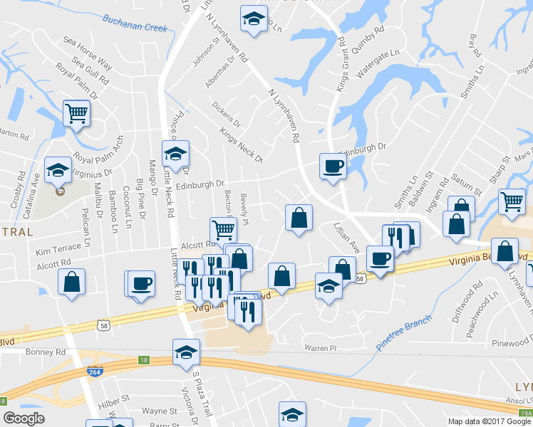 map of restaurants, bars, coffee shops, grocery stores, and more near 412 Philbate Terrace in Virginia Beach
