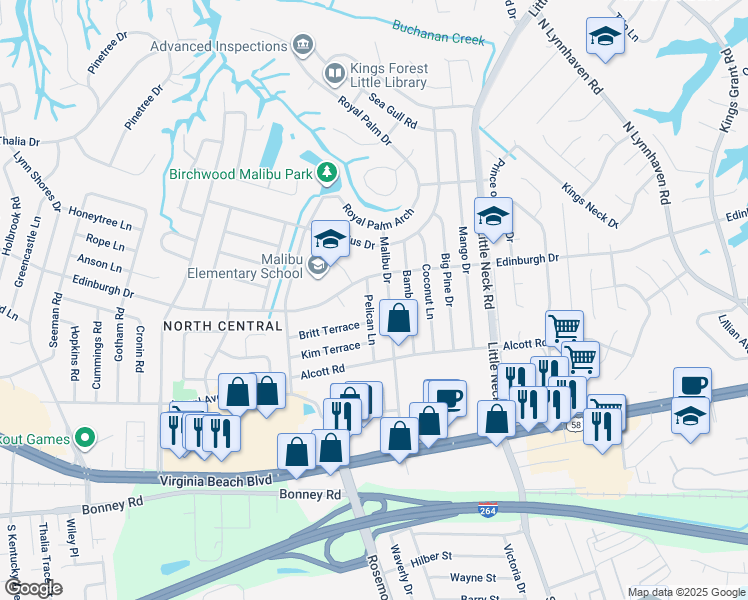 map of restaurants, bars, coffee shops, grocery stores, and more near 436 Pelican Lane in Virginia Beach