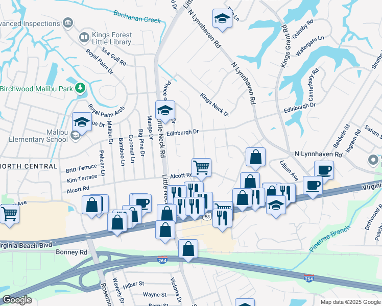 map of restaurants, bars, coffee shops, grocery stores, and more near 425 King Richard Drive in Virginia Beach