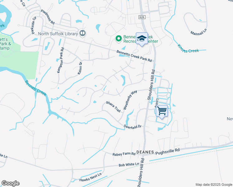 map of restaurants, bars, coffee shops, grocery stores, and more near 5050 Huntclub Chase in Suffolk