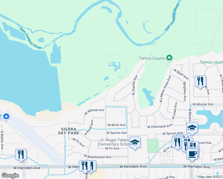 map of restaurants, bars, coffee shops, grocery stores, and more near 7510 North Valentine Avenue in Fresno