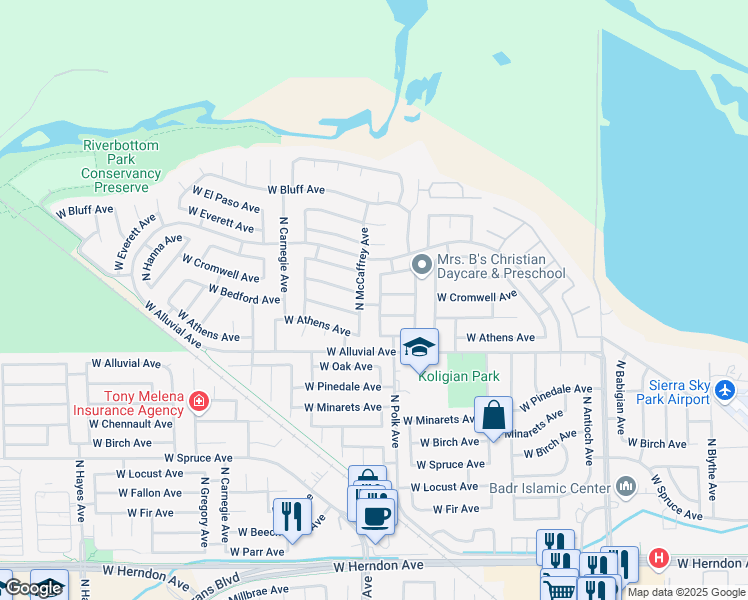 map of restaurants, bars, coffee shops, grocery stores, and more near 7583 North Wheeler Avenue in Fresno