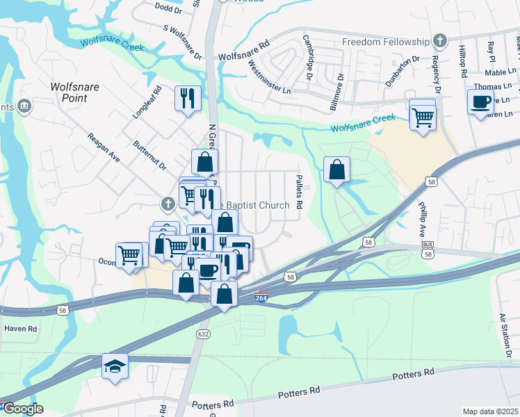 map of restaurants, bars, coffee shops, grocery stores, and more near 416 Cold Spring Road in Virginia Beach