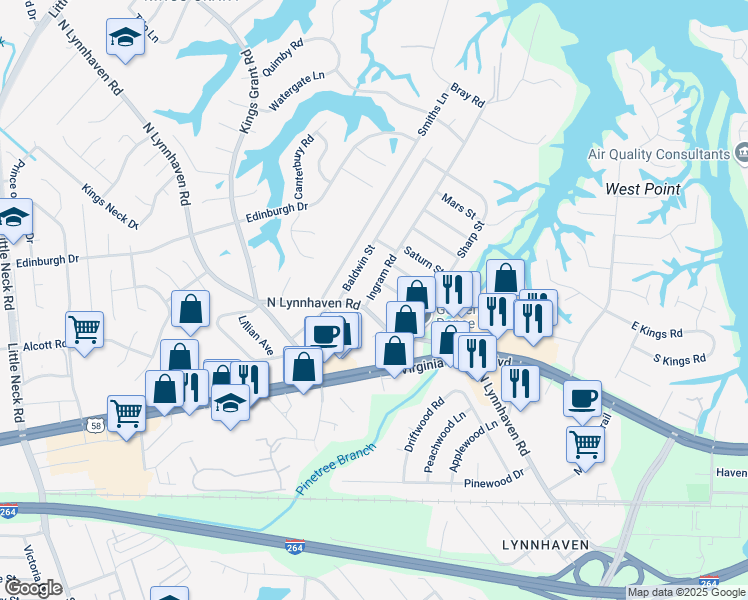 map of restaurants, bars, coffee shops, grocery stores, and more near 404 Ingram Road in Virginia Beach