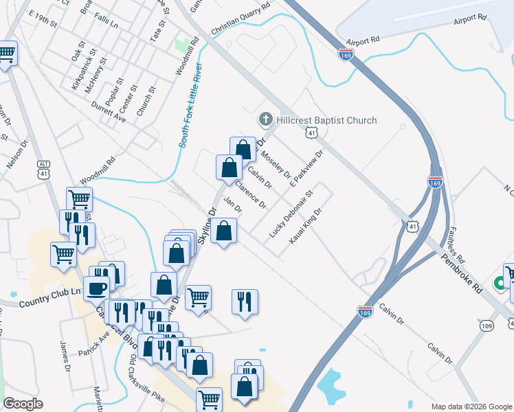 map of restaurants, bars, coffee shops, grocery stores, and more near 1723 Clarence Drive in Hopkinsville