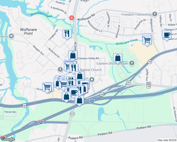 map of restaurants, bars, coffee shops, grocery stores, and more near 416 Cold Spring Road in Virginia Beach