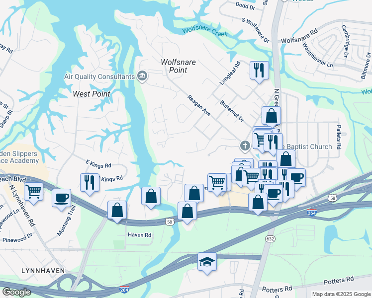 map of restaurants, bars, coffee shops, grocery stores, and more near 409 Lake Havasu Drive in Virginia Beach
